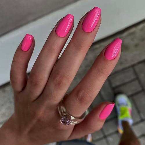 Neon Hot Pink Press on Nails Short Medium Coffin, Solid Color glossy hot pink