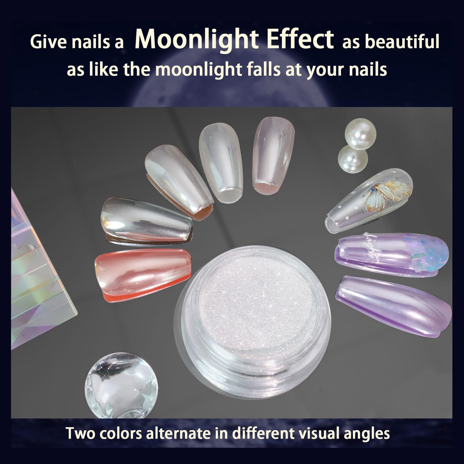 Unicorn Chrome Nail Powder, Aurora Mermaid Iridescent White Pearl Nail Chrome…