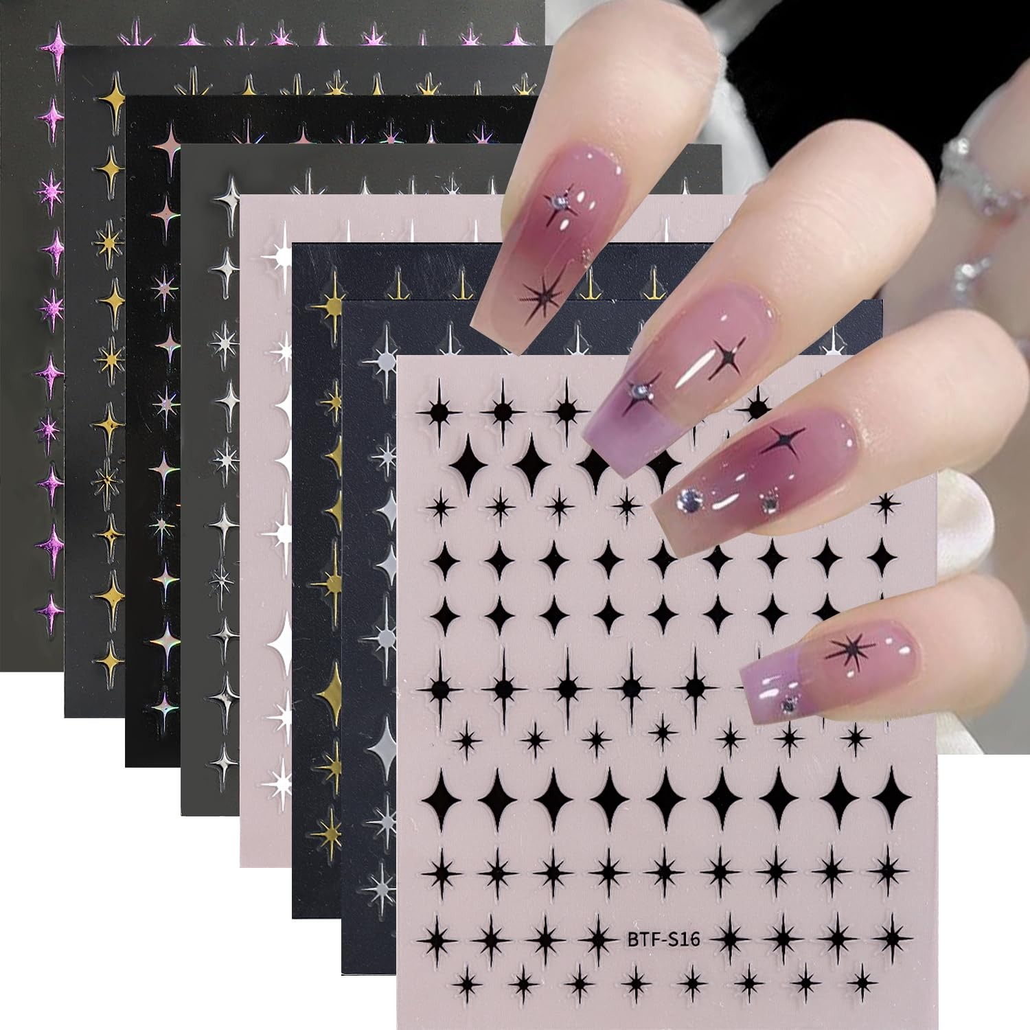 8 Sheets Star Nail Art Sticker 3D Shiny Glitterslight Nail Design Cross Star