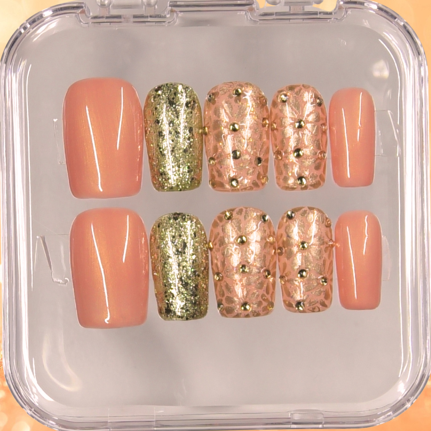 Press On Nails Handmade, Square Short, Size Large, Peach & Gold Retro Flowers