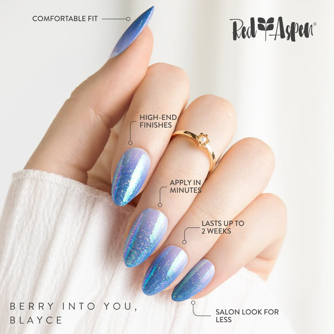 Red Aspen Press On Nails-Berry Into You, Blayce Medium Blue Almond Ombre