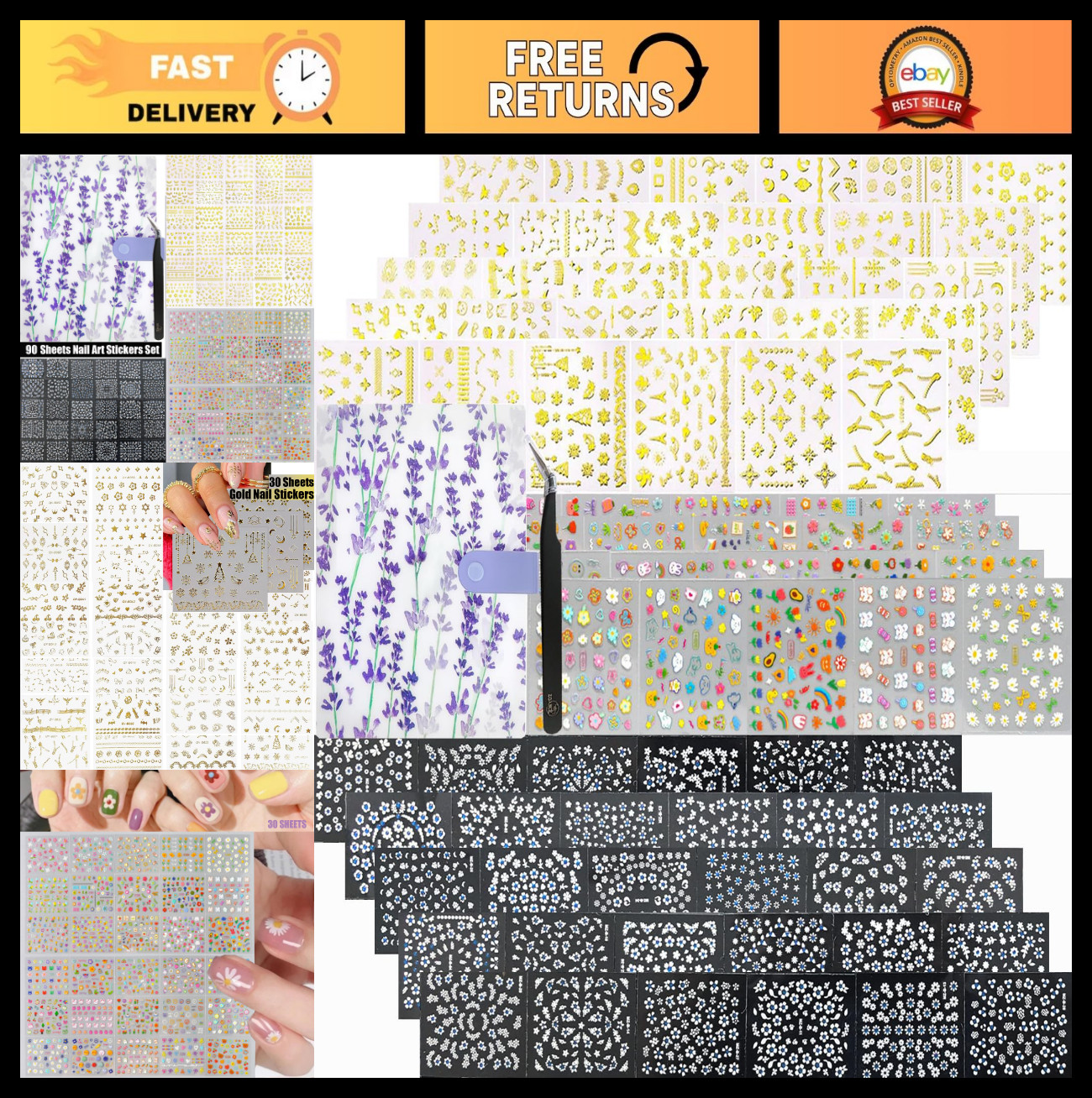 90 Sheets 3D Floral Nail Art Stickers with Rhinestones & Storage Book, 5000 Piec