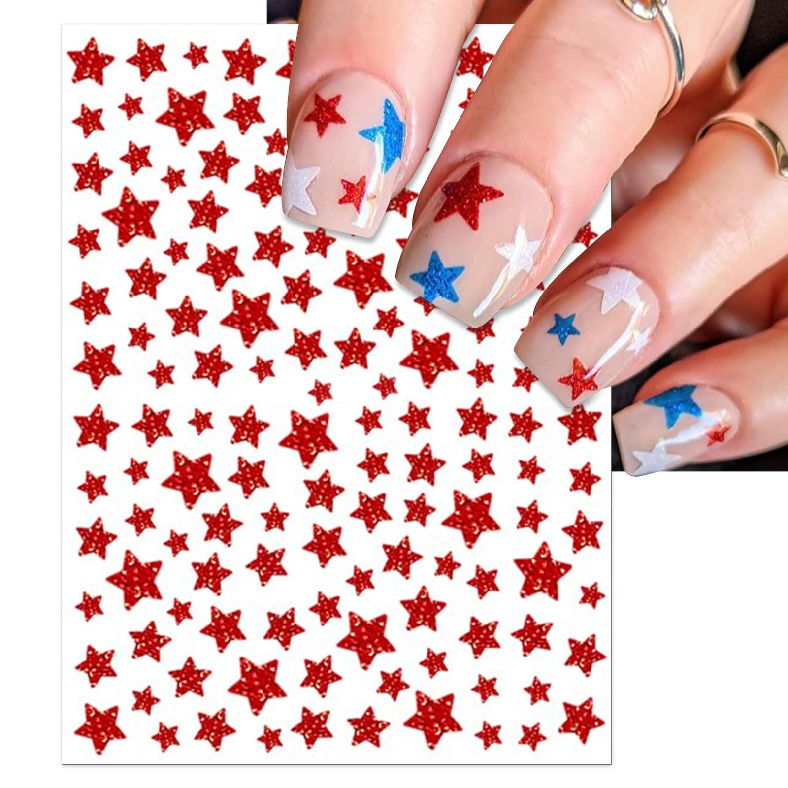 4th of July Nail Stickers, Glitter Red Blue White Star Independence Day Nail