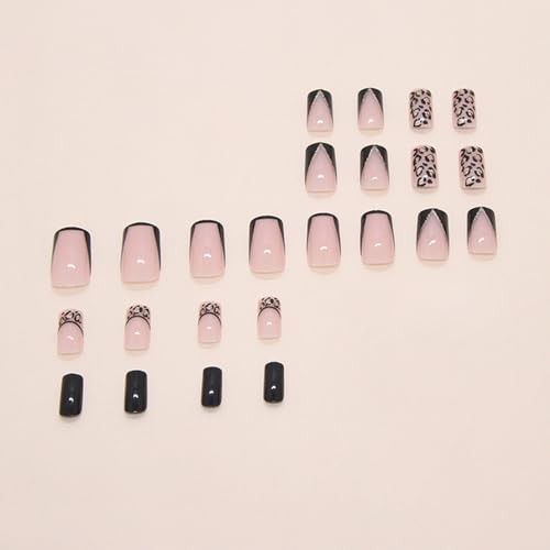 French Tip Press on Nails Leopard Medium Square False Leopard Black French Tip