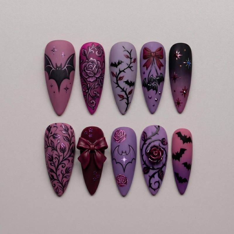 Bat Rose Handmade Press on Nails Bow Gradient Purple Halloween Matte Fake Nails