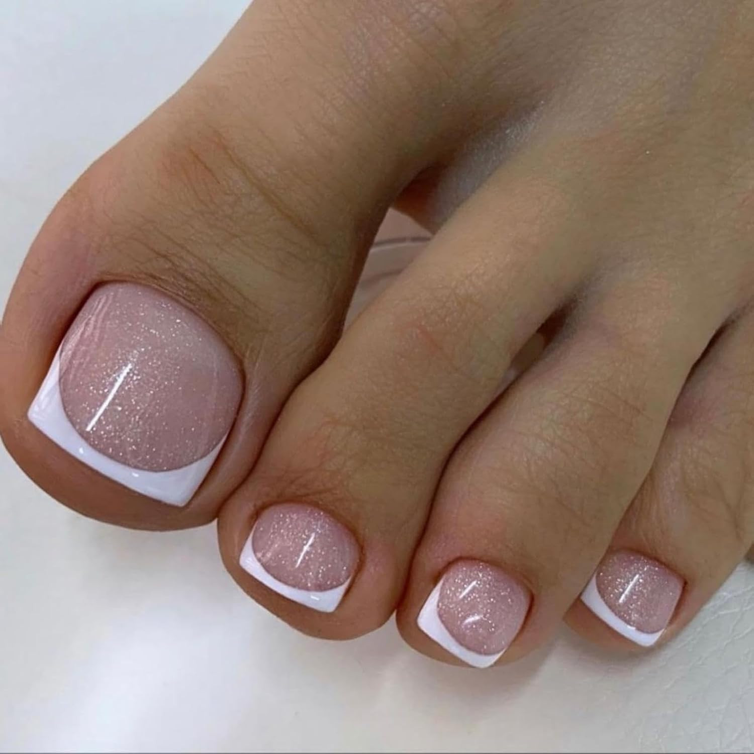 24PCS White French Tip Press on Toenails Short Square Natural Nude Glitter Fake