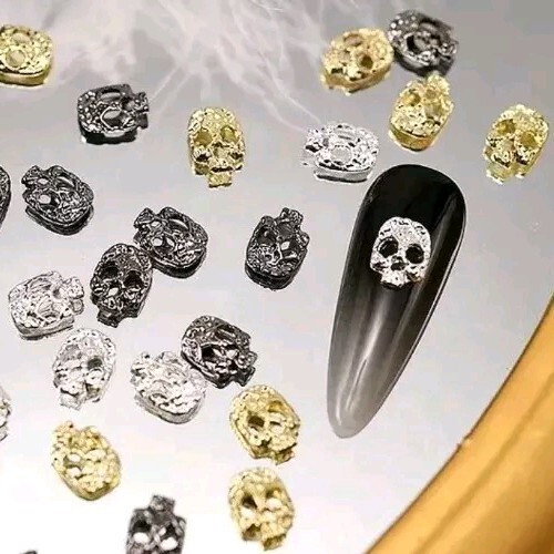 3D Skull Nail Art Charms 10 Piece Silver Gold Black Sparkle Bling Halloween Scul