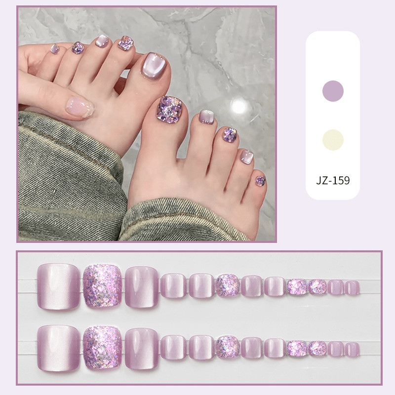 48pcs Short Square Press on Toe Nails, Purple Cat Eye Glitter Mix Toe Nails