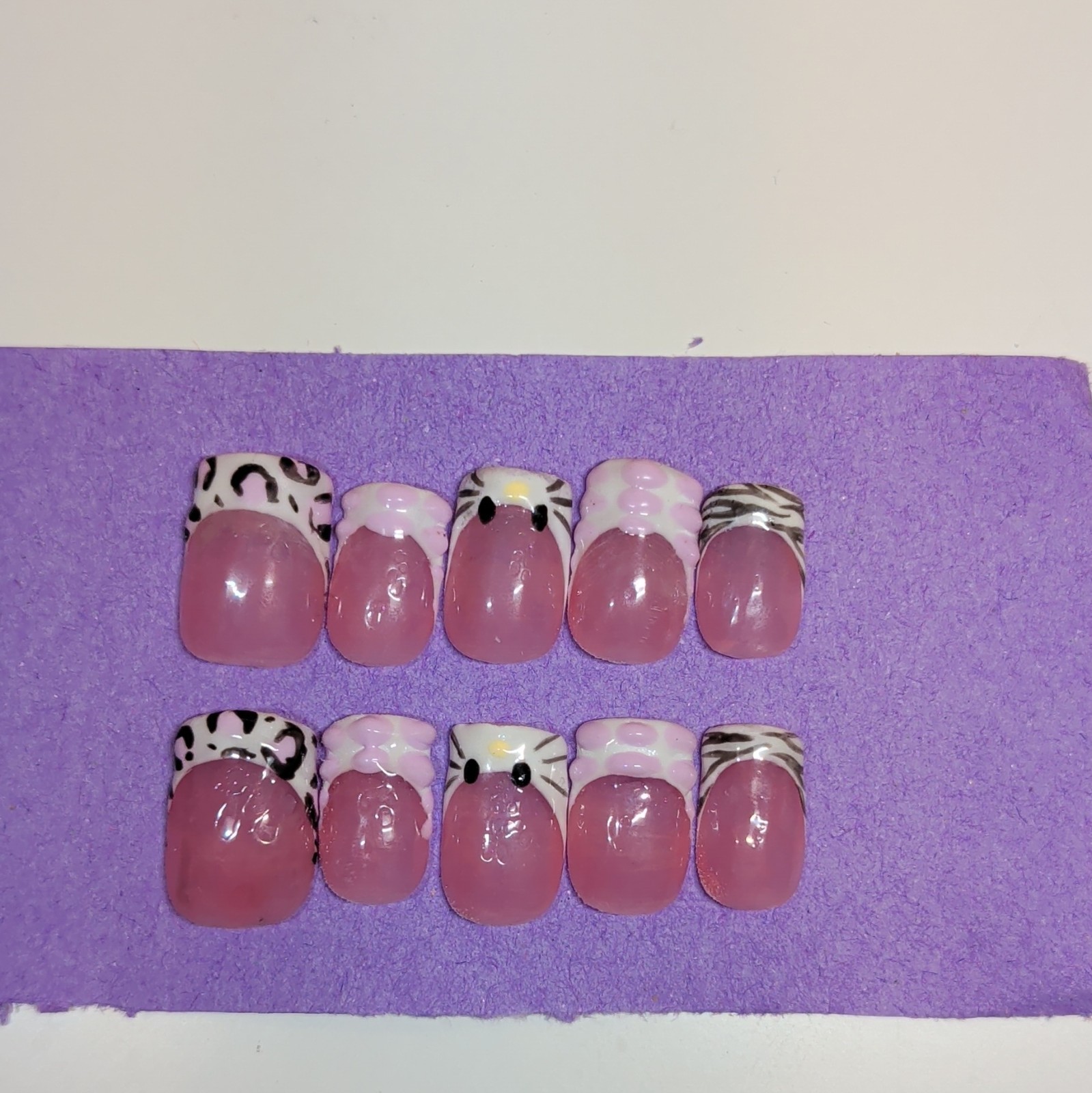 10 Piece Short Square Press-On Nails, Pink White Black 3D Shiny Animal, Handmade