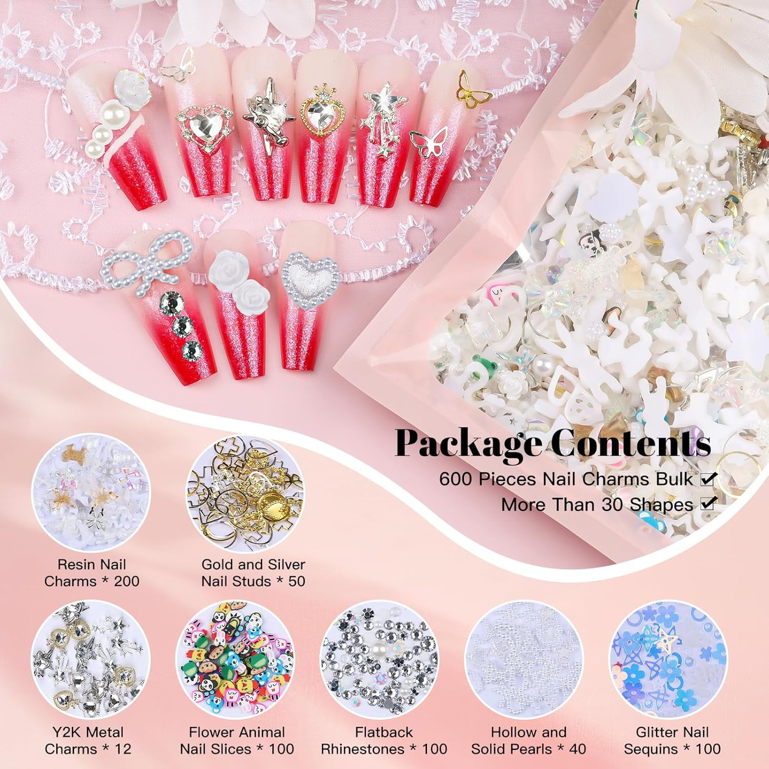 650Pcs Cute 3D Nail Charms and Gems, White Rabbit Bow Charms Alloy Butterfly Hea