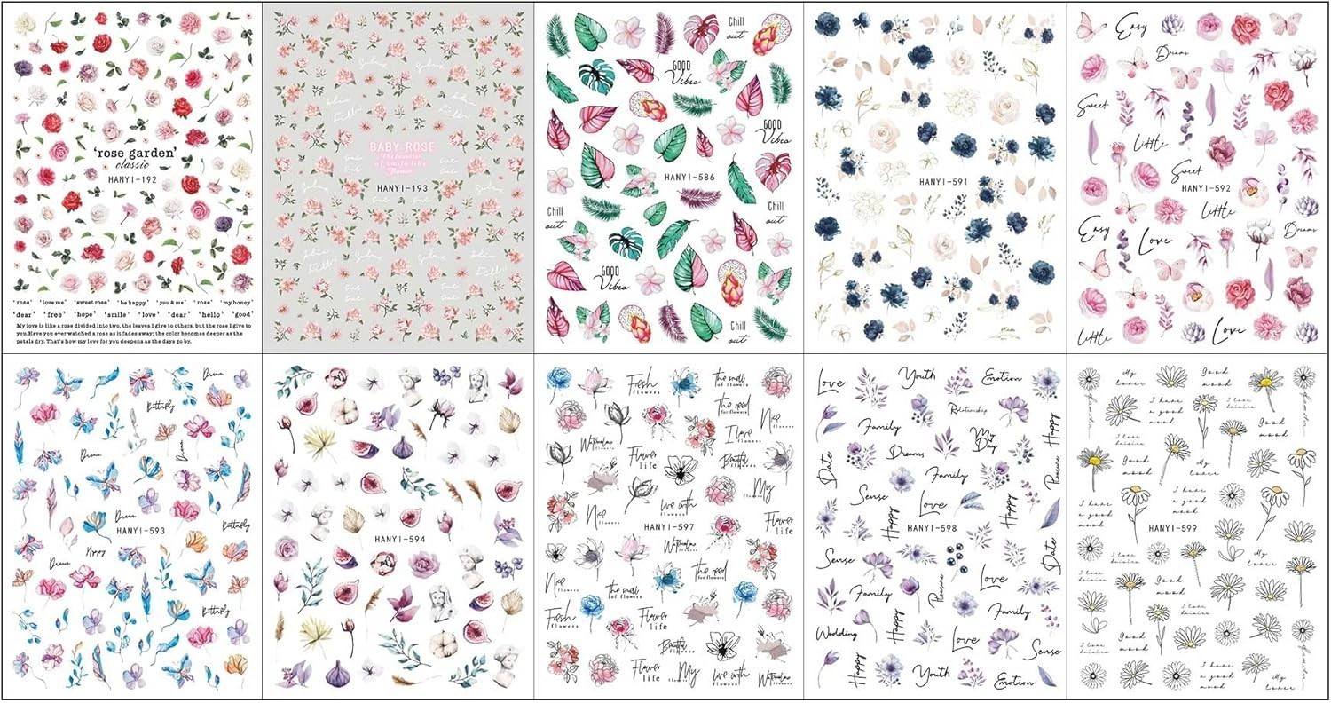 10 Sheets Self-Adhesive Spring Floral Nail Art Stickers – Elegant DIY Designs