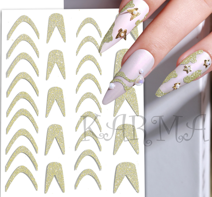 3D French Line Shiny Gold Nail Tip Decals Glitter Diamond Manicure Beauty NH22