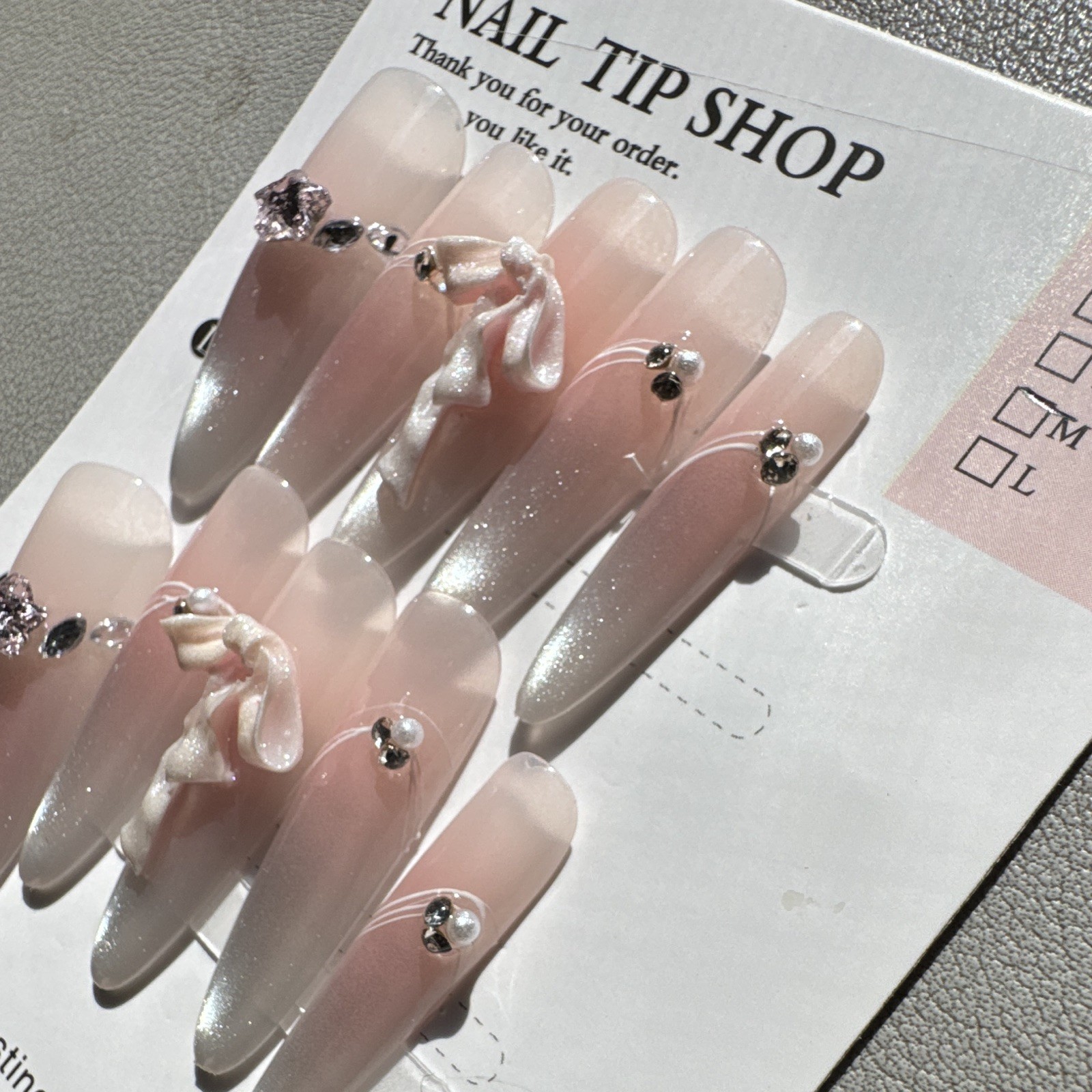 Nail Tip Shop Press-On Nails Almond Pink/White Shiny Full Cover Pre-Designed