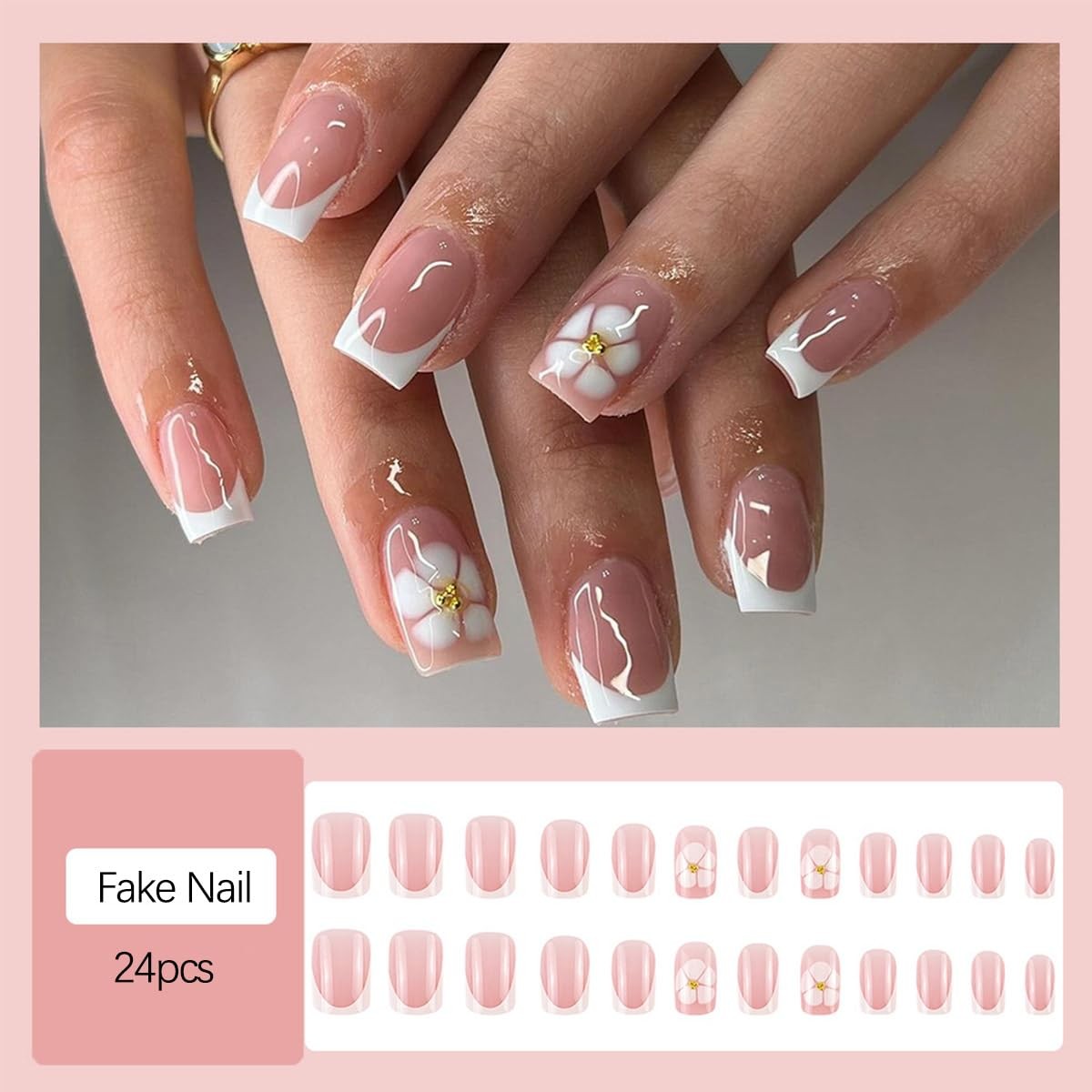 White French Tip Press on Nails White Flower Short Square Fake Nails With Gol…