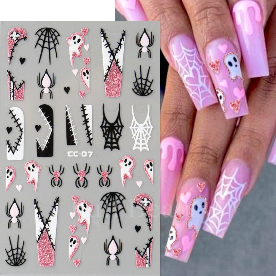 4Pcs Glow in The Dark Halloween Glitter Nail Decals Ghost Spider Web Skull NH30