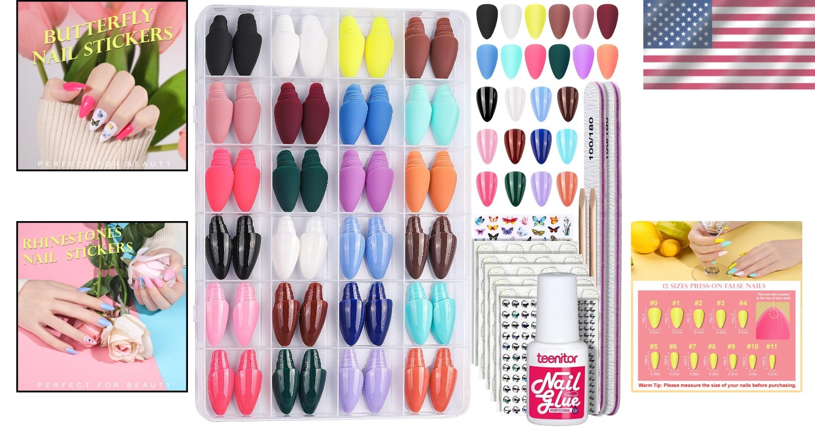 24 Pack Almond Press On Nails – 576 Pcs, Medium Sizes, Easy Apply & Reusable