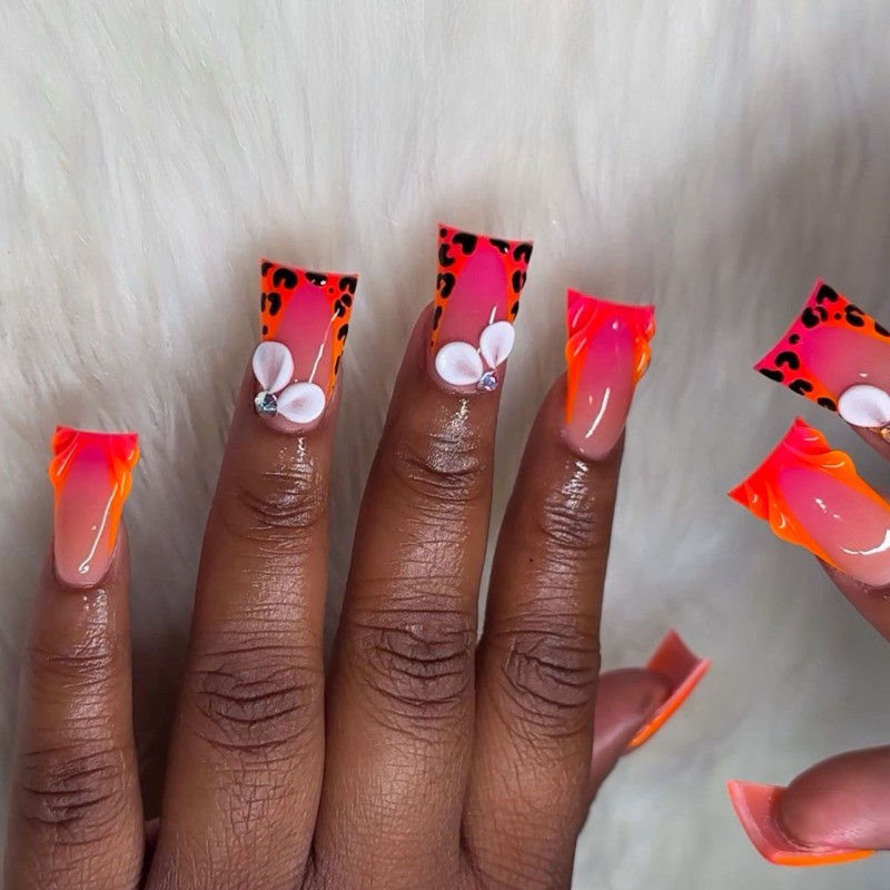 24pcs-Vibrant Fake Nails with Pink Orange Gradient, Leopard Tips and 3D Flowers