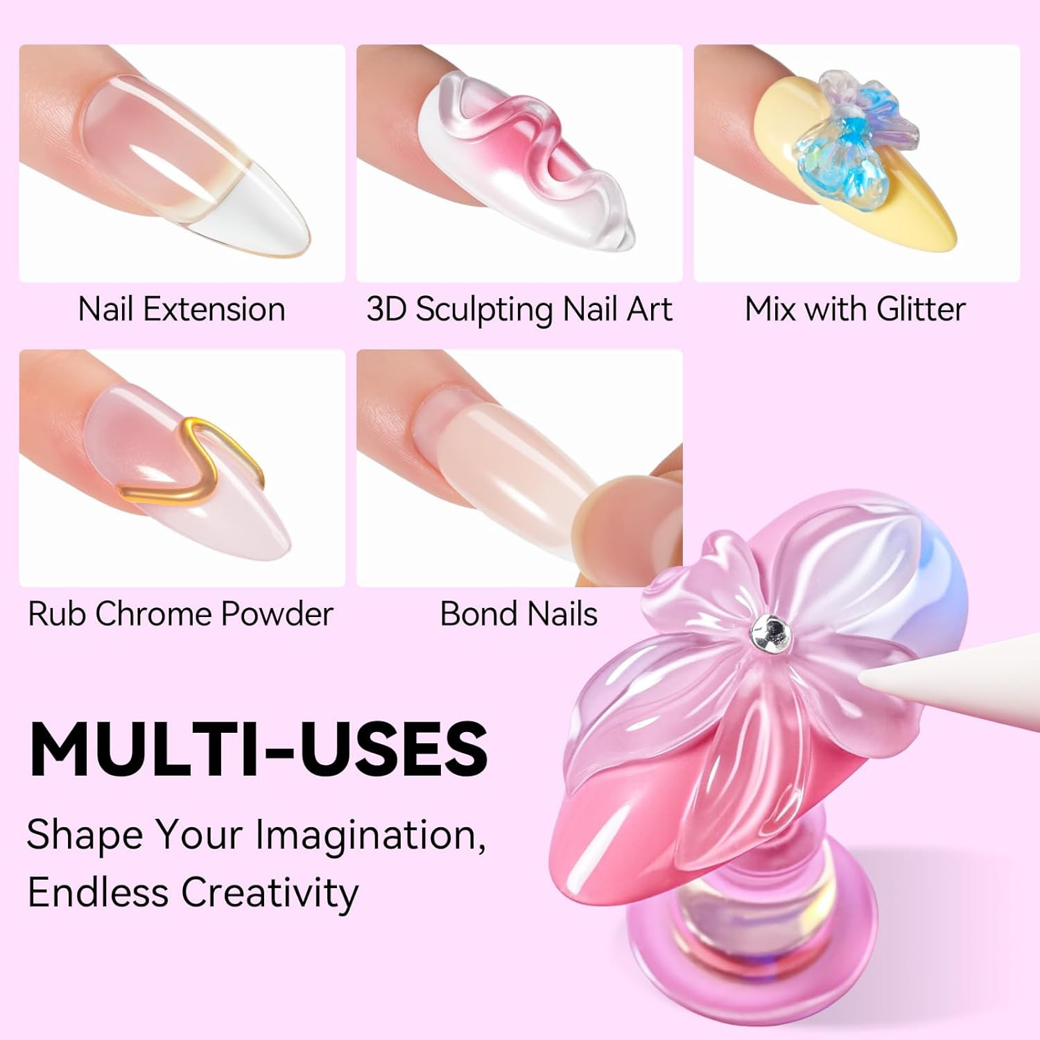 3D Gel Nail Art, Clear Non-Sticky 4-In-1 Glux Gel | for Molding, Carving, Shapin