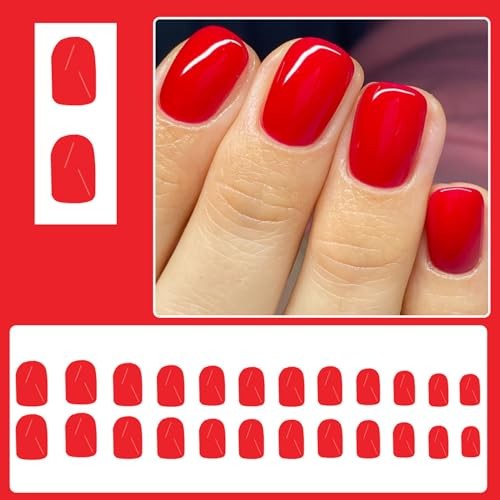 24Pcs Red Glossy Square ABS False Nails, Full Cover, Press On, short-designs10