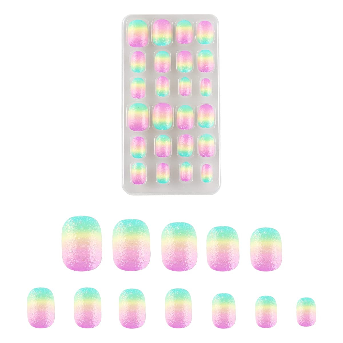 24 Pcs Rainbow Kids Press on Nails for Girls Short Oval | Sparkle Gradient Glitt