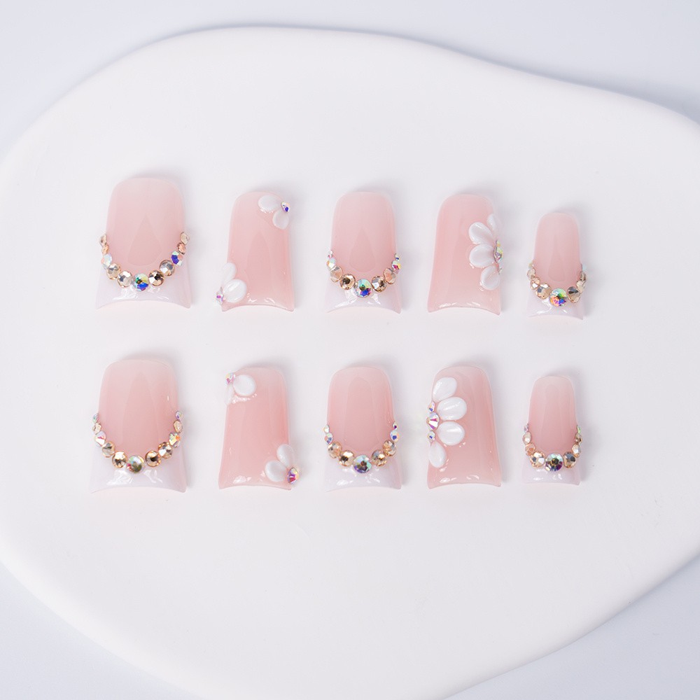 Handmade Flower Press On Nails Pink Crystal Chain Duckbill Fake Nails Reusable