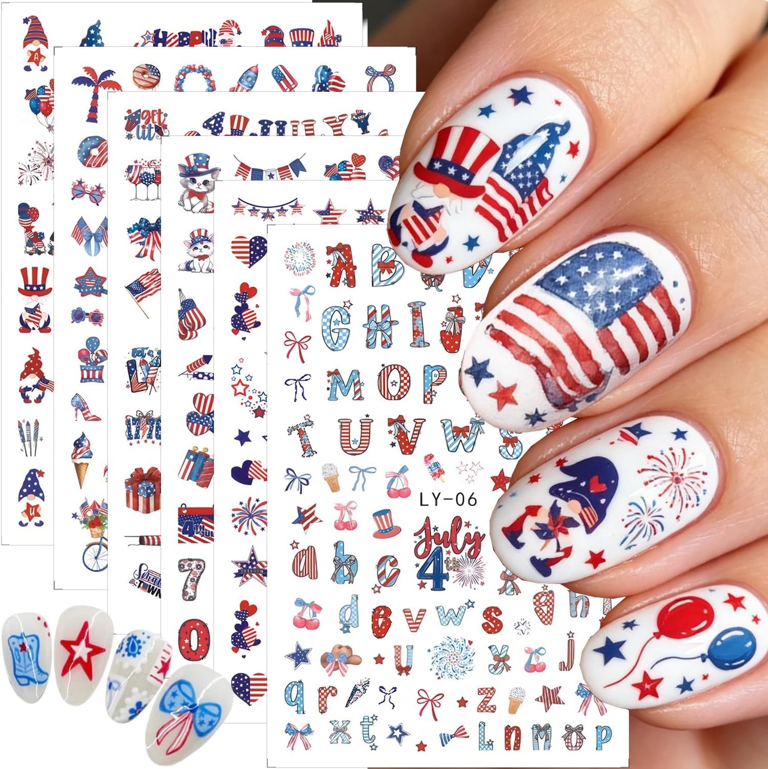 6 Sheets 4th of July 3D Nail Stickers Patriotic Flag Fireworks Nail Decals