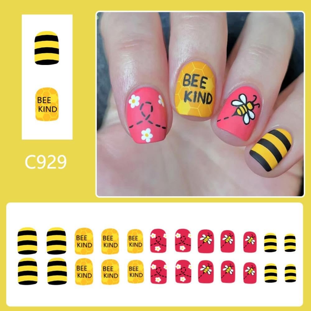 Bee Press on Nails Short Square False Nails withFlower Daisy Design Yellow Bl…
