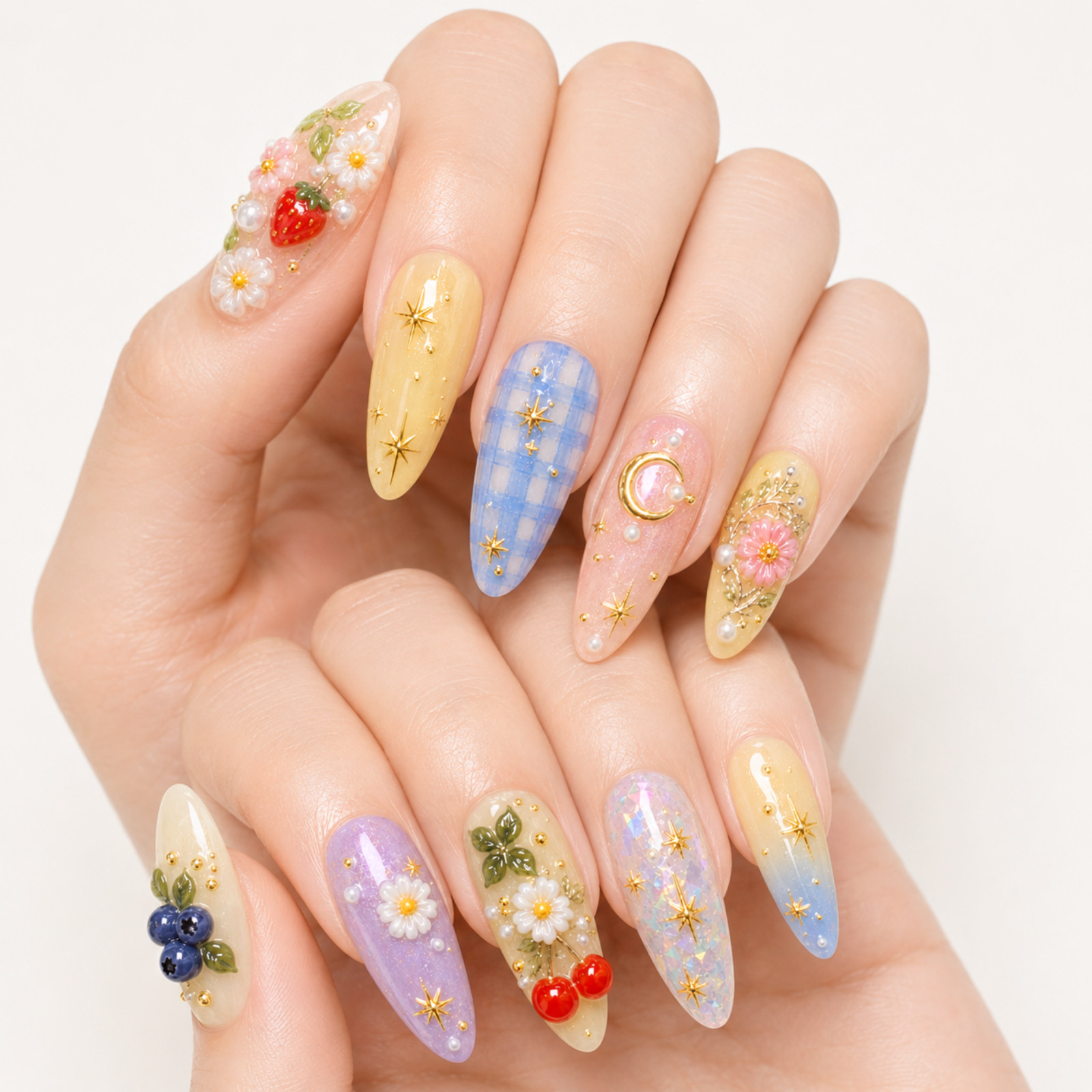 Handmade 3D Fruit Floral Press On Nails Celestial Pastel Set