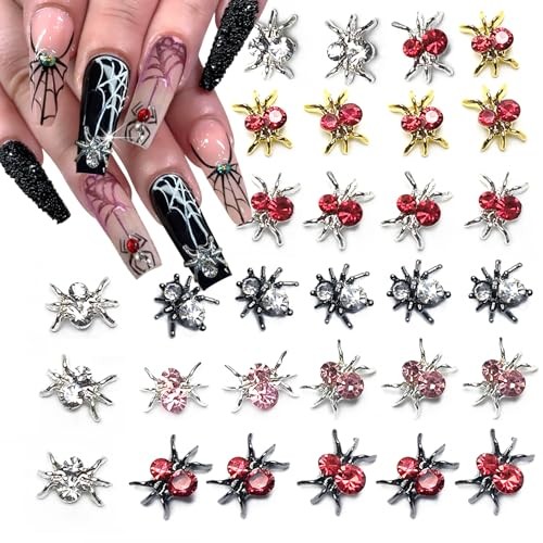 30Pcs Halloween 3D Spider Nail Charms – Gold Silver Red Jewelry Gems Shiny B-1