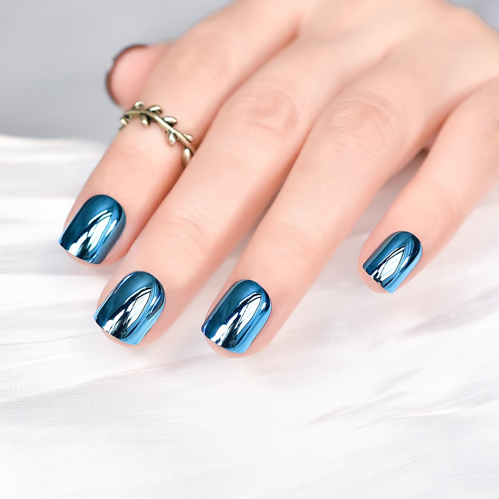 Press on Nails Metallic Mirror Bliue Fake Nail |UV Medium-short Square False …