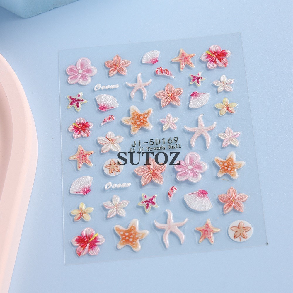 Summer 5D Embossed Ocean Nail Art Stickers Flower Starfish Seashell Coconut NH29