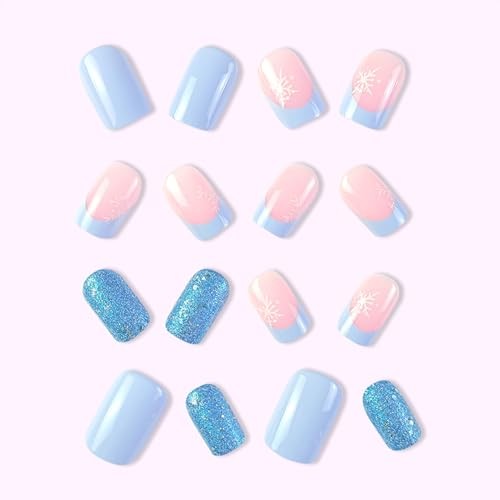 White Snowflake Fake Nails Winter Xmas Press on Nails Blue Christmas Design 467