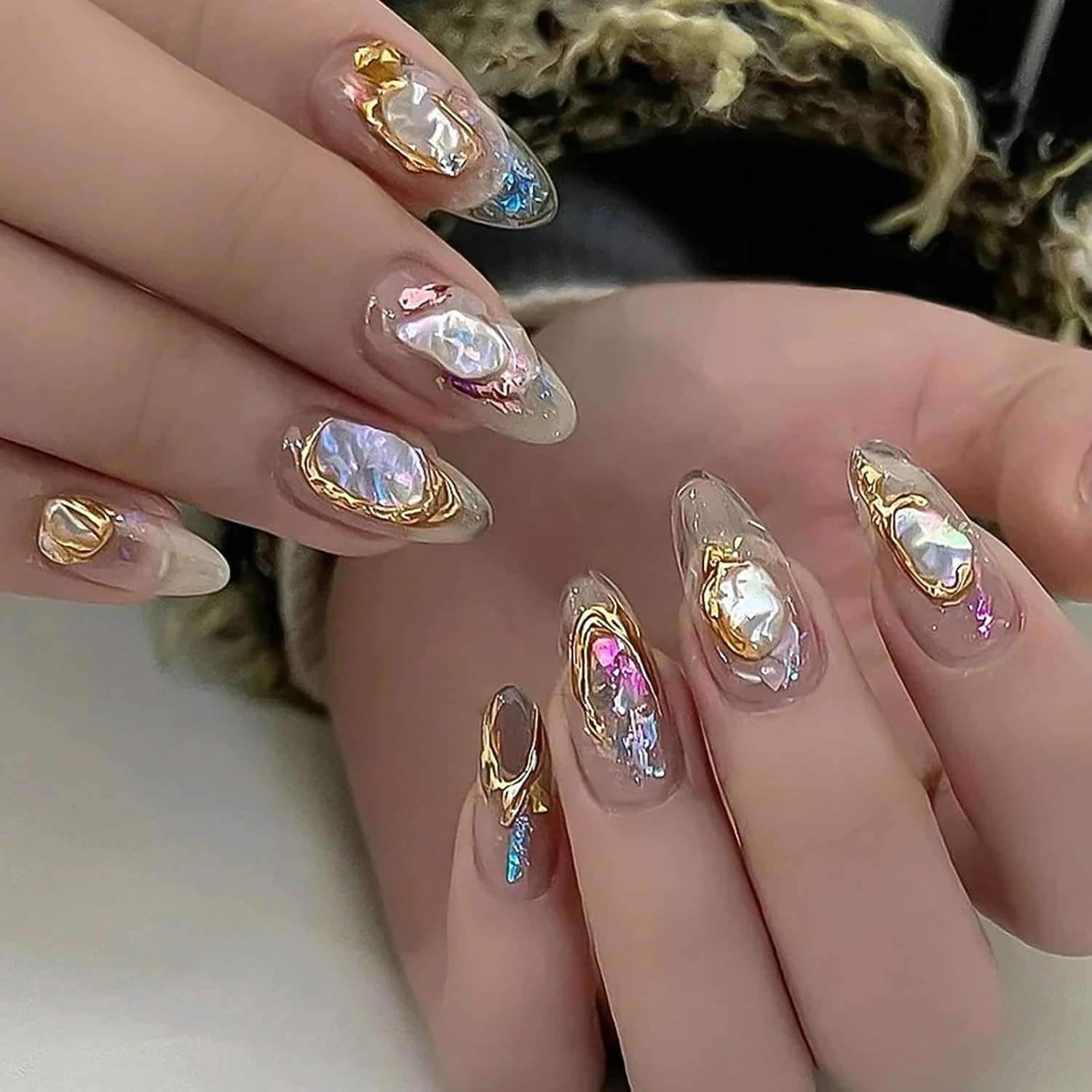 6 Sheets 5D Gold Embossed Nail Art Stickers Gem Crystal Irregular Geometric Fram