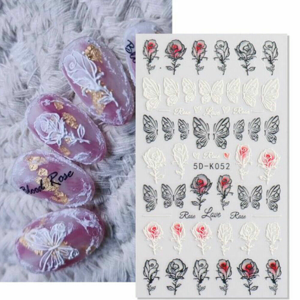 Black & White Rose Butterfly 5D Nail Stickers Embossed Decal Nail Art Decoration