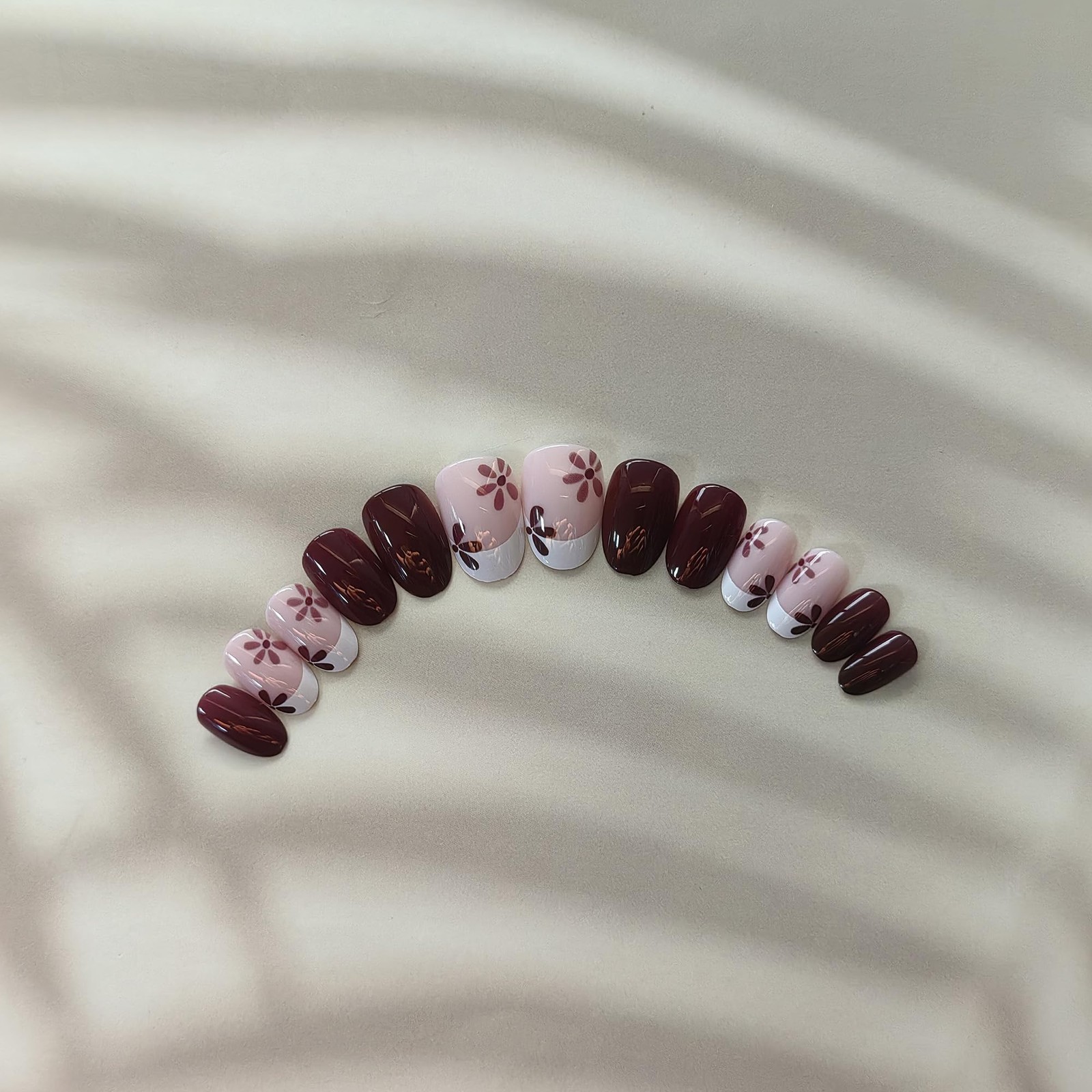 Walnut Brown Press on Nails Almond Fake Nails with Glue Glossy Flower False N…