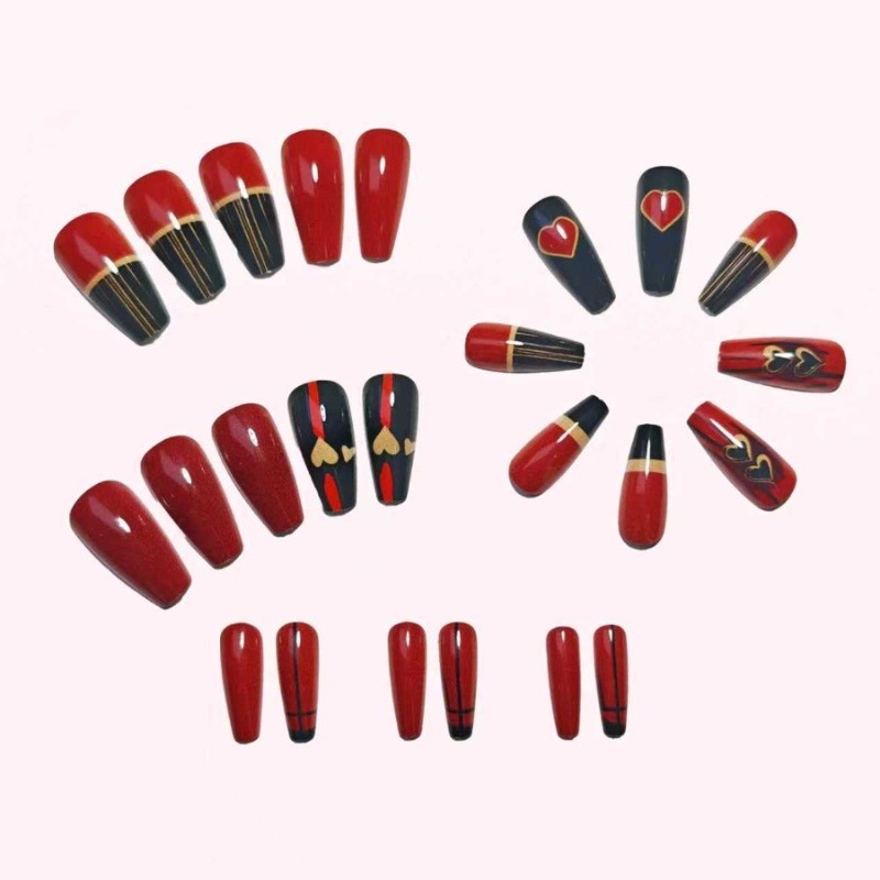 48PCS Red and Black Heart-shaped Metal Border Pressed Nails, Reusable Fake Nails