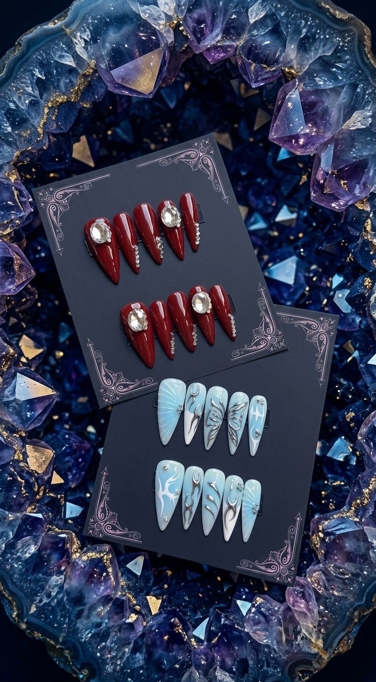 2 sets of Light Blue White Ombre Press On Nails Stiletto Silver Metallic Cyberpu