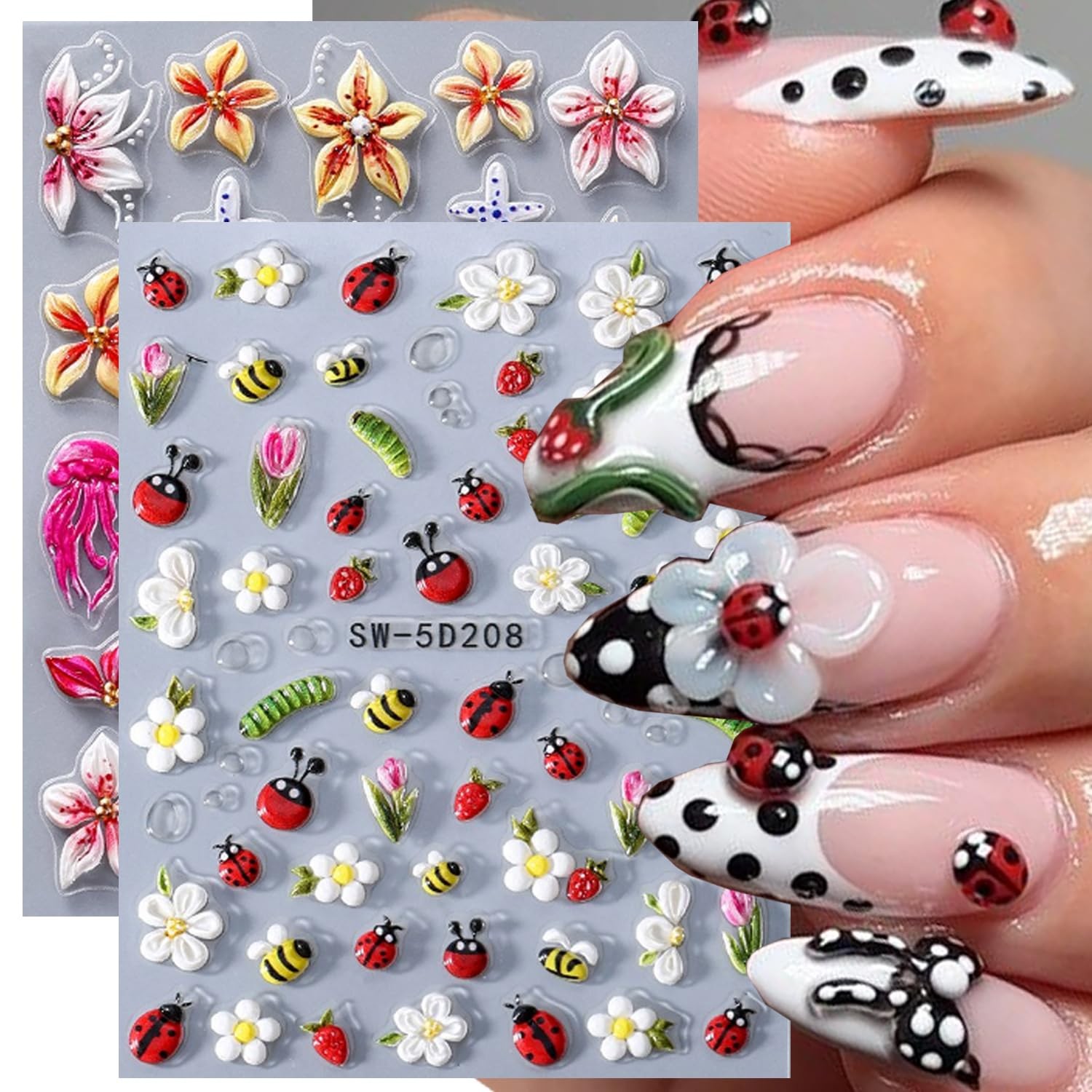 5D Embossed Ladybug Bee Nail Stickers Flower Nail Decals Daisy Nail Art Stick…