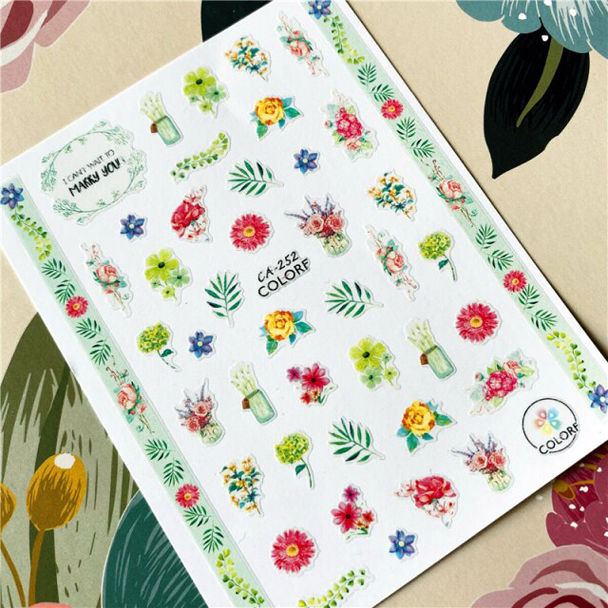 Nail art 3D stickers decal pink purple flowers green bunches CA252