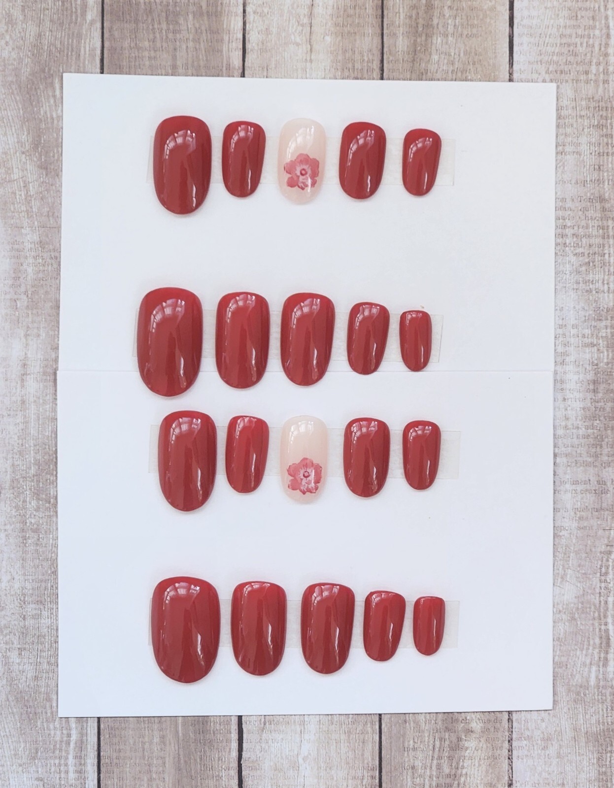 Custom Press On Handmade Gel Nails Crimson Floral Accent Oval Short 20 Tips