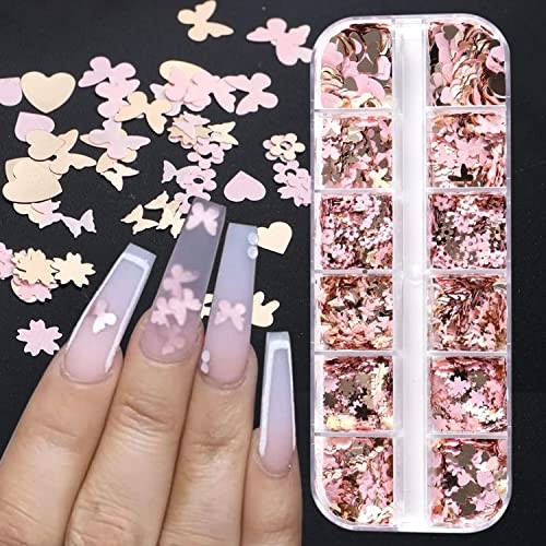 12 Grids Gold Pink Nail Glitter Sequins 3D Holographic Nail Glitter Flakes