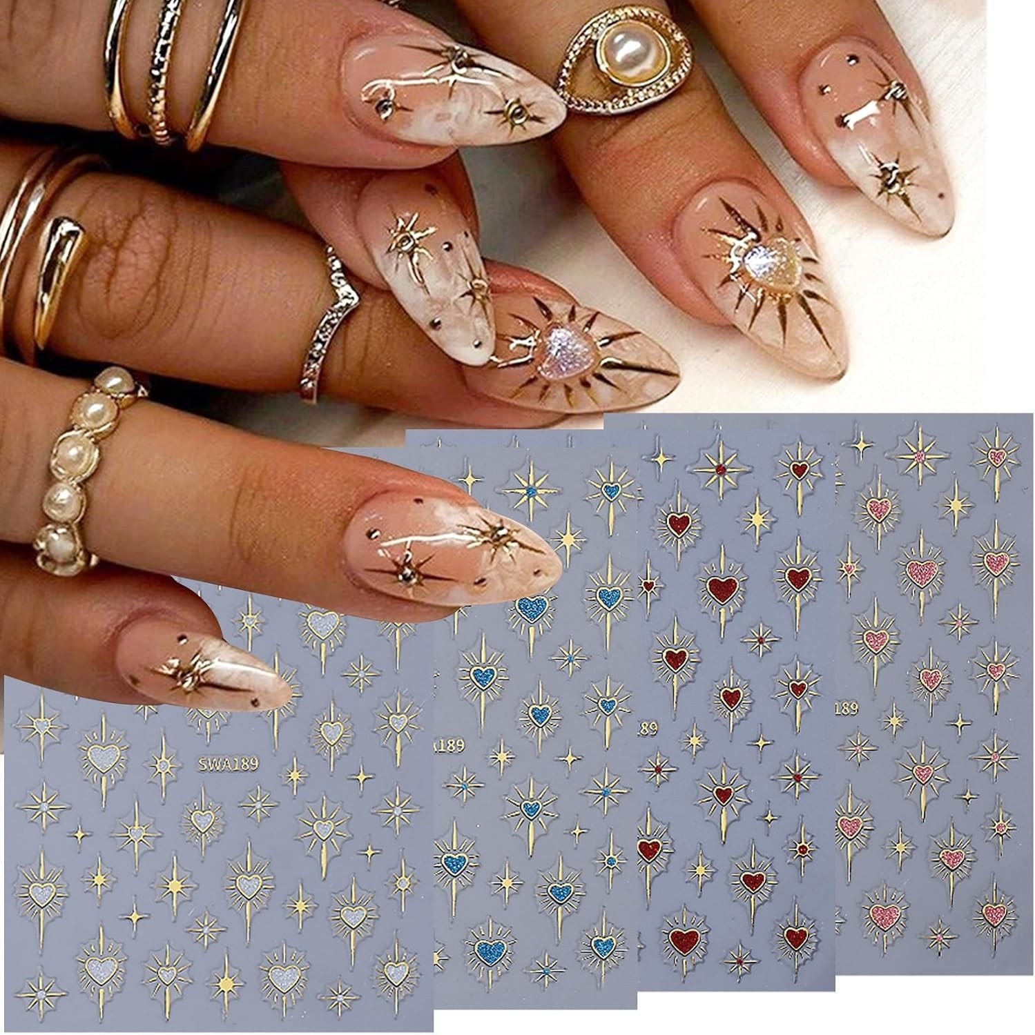 Elegant Holographic Nail Decals – 12 PCS Sun Heart & Stars for Every Occasion