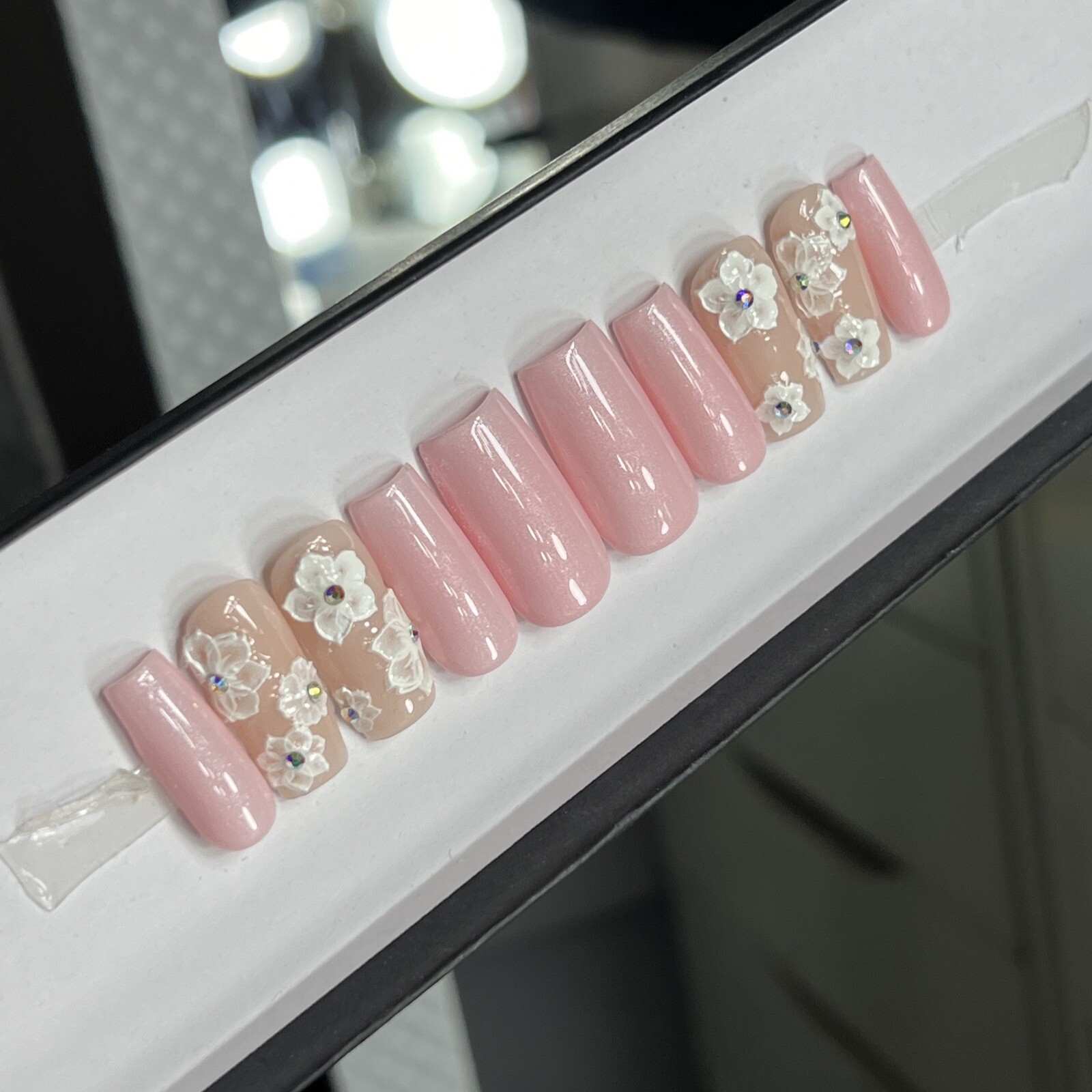 🤍 CUSTOM Hard Gel Press On Nails, Flower Pink Nude BLING 10p FULL SET W Kit