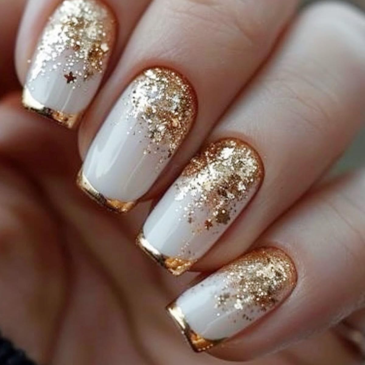 24Pcs Medium White Press On Nails with Gold Glitter – Glamorous Fall Manicure