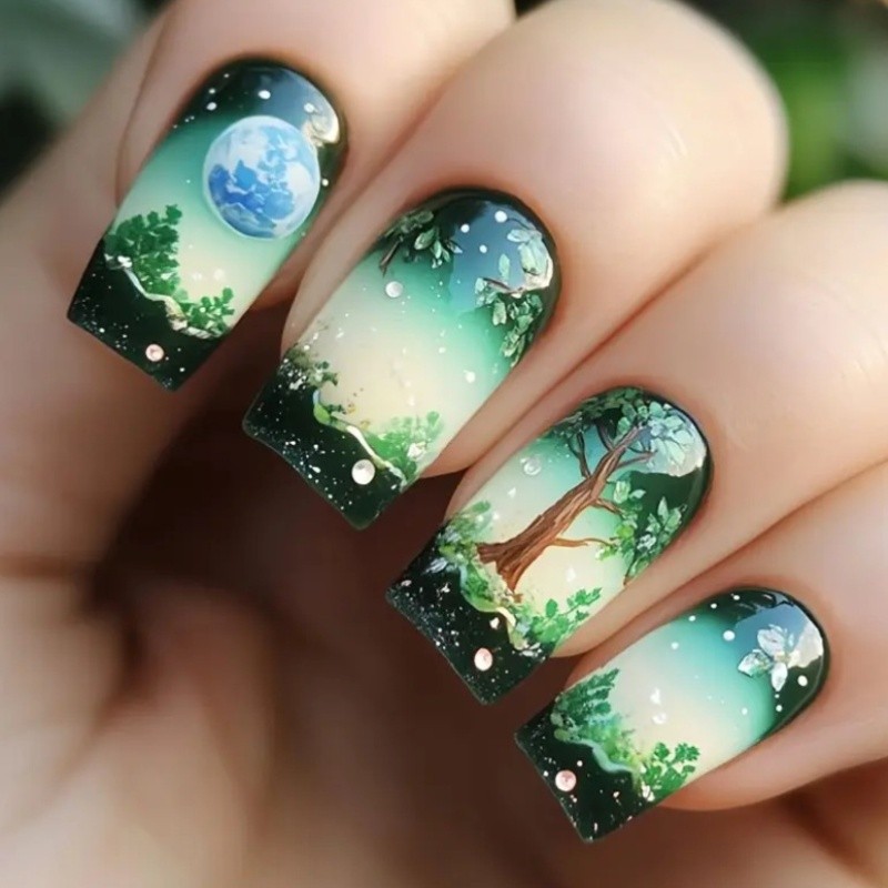 48Pcs Coffin Green Moon Forest Hand Painted Press on Nails Art Vacation Wear