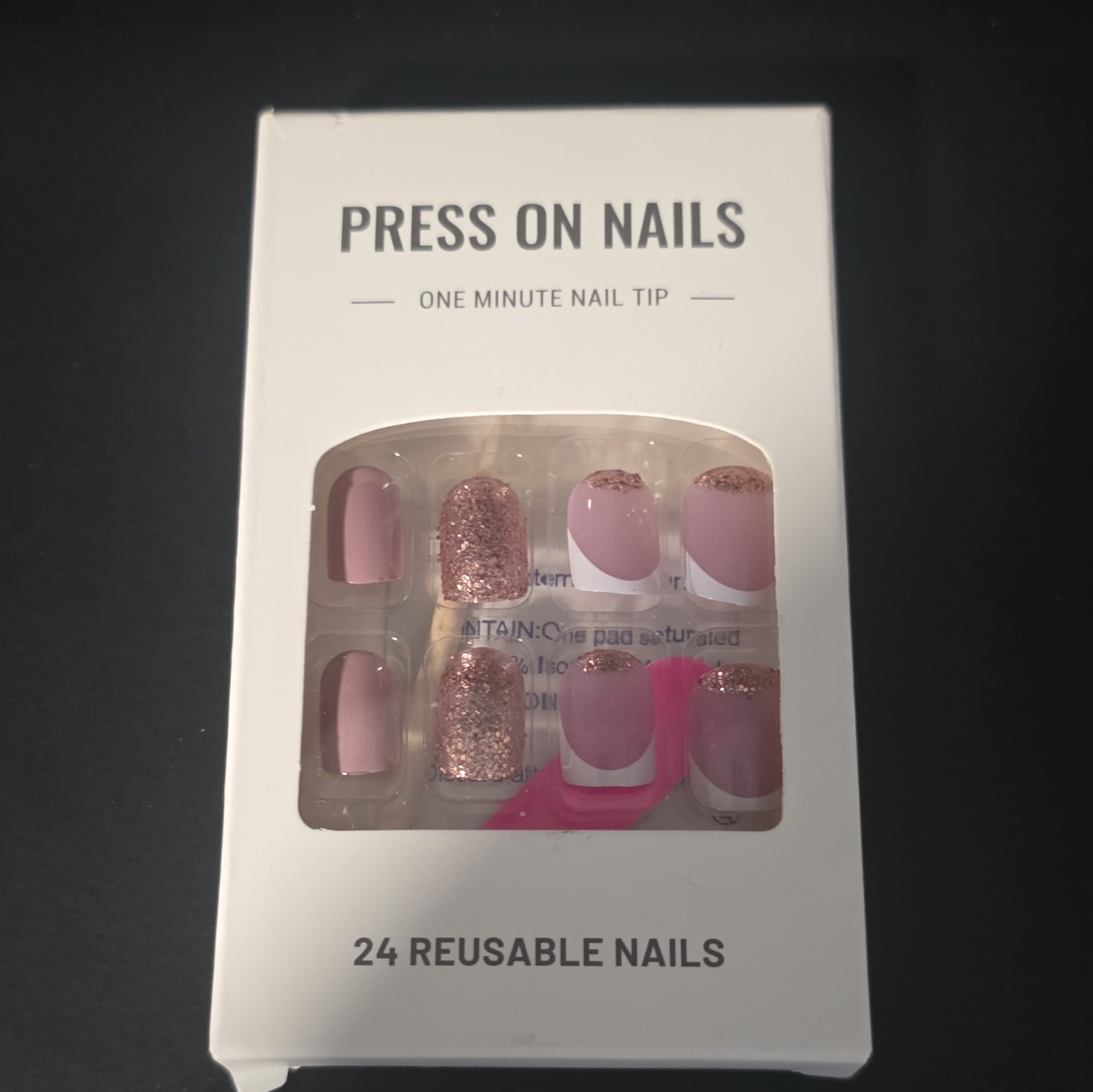 Press-On Nails 24pcs Pink/White Rose Gold Glitter French Medium Square