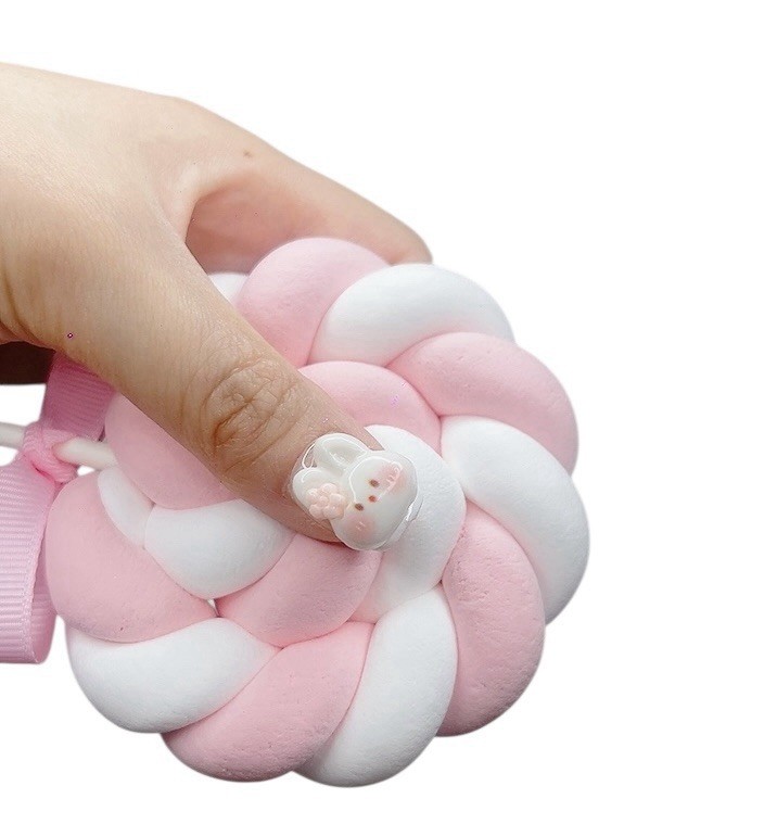 Press On Nails (#073) Pink Rabbit Short with Character Design and White Glitter