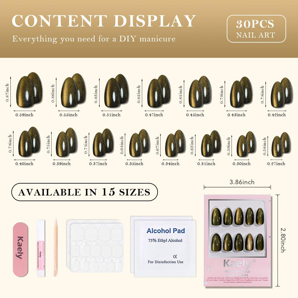 Cat Eye Gold Press on Nails Almond Short, Gold Metal Short Almond Soft Gel Press