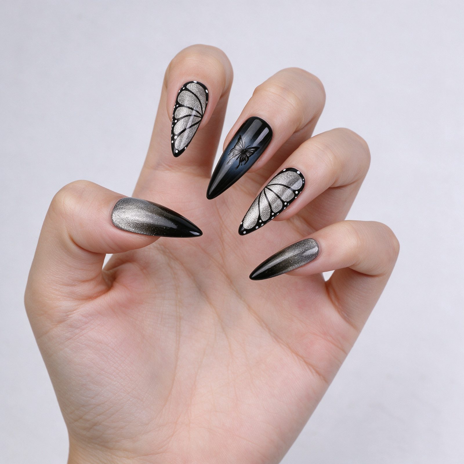 Press On Nails Long Stiletto Black Silver Butterfly Wing Glitter Gothic Nail Set