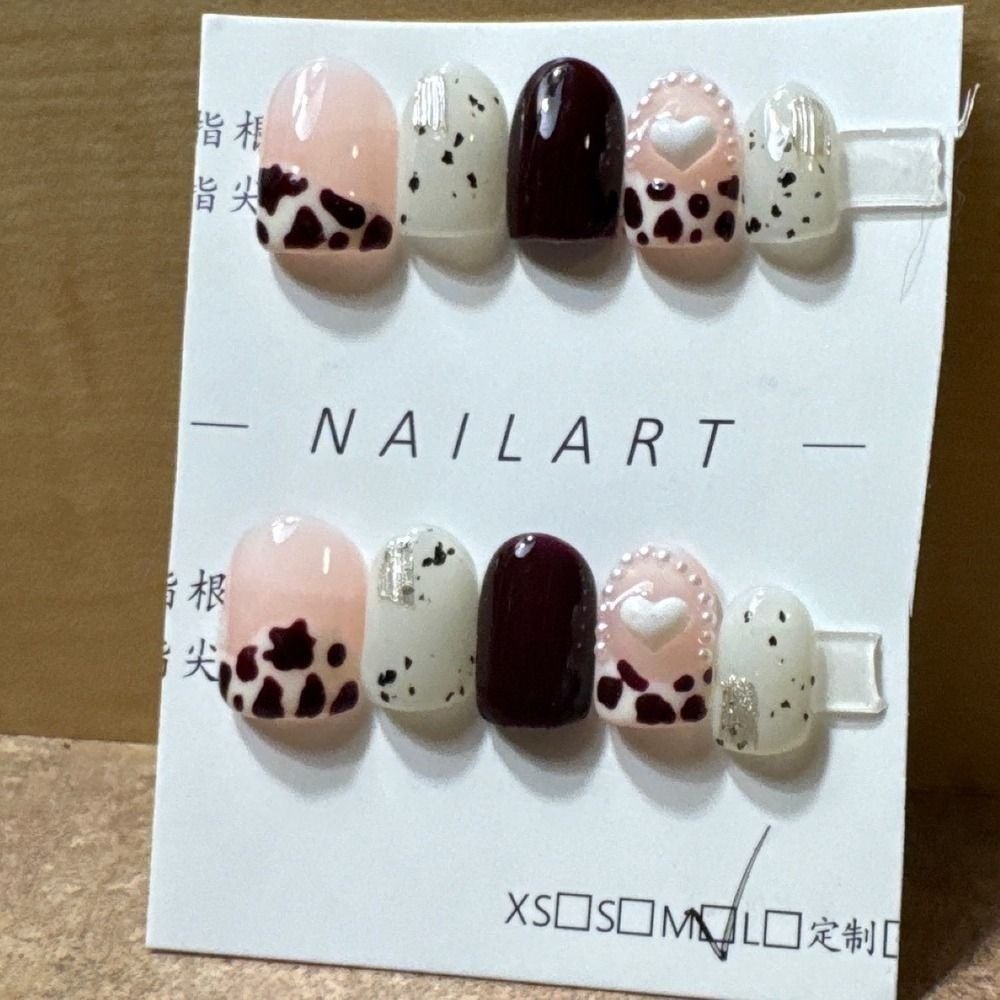 Press On Nails M Short Oval Cow Print Burgundy Heart 3D Art 10pc Set